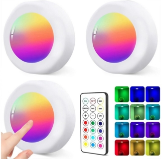 ibettertec Unterschrankleuchte 3 Stück Batteriebetrieben LED RGB Spots mit Fernbedienung, 13 Farbwechsel Kabellos Vitrinenbeleuchtung, Dimmbar Unterbauleuchte Küche LED Lampe zum Kleben Schranklicht, Nachtlicht mit Fernbedienung und Timing-Funktion