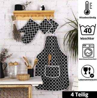 Jungengel Kochschürze Küchenschürzen-Set 4-Teilig Schwarz Ofenhandschuh Topflappen Chevron, (4-tlg)