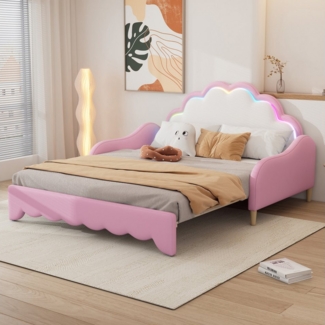 MODFU Schlafsofa Daybett Tagesbett Kinderbett Polsterbett, umwandelbar in eine Liegefläche, Kopfteil mit Lauflicht, mit Fernbedienung, Mit Matratze