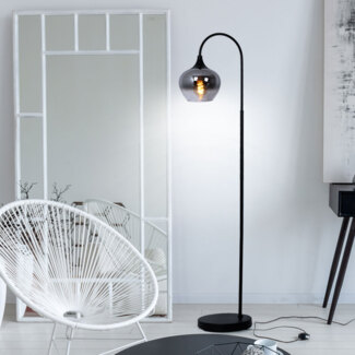 Stehleuchte, gebogen, Glas rauch, schwarz, H 150 cm