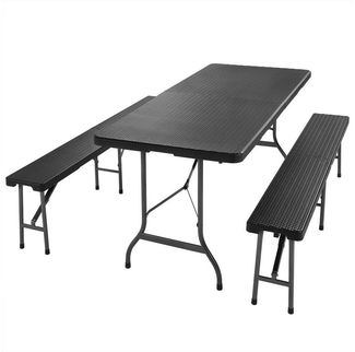 Casaria 'Malmö' Bierzeltgarnitur, 3-teilig, klappbar, Polyrattan schwarz, 180 x 75 x 73 cm