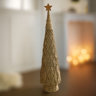 Dekoleidenschaft Künstlicher Weihnachtsbaum Tanne "Flechtkunst" aus Seegras, Tannenbaum Alternative mit Holz-Stern, Kunstbaum Weihnachten 97 cm hoch, Christbaum