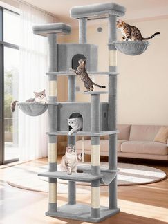 Groß 216 cm, Katzenbaum XXL, Kratzbaum Große Katzen Stabil mit Kratzsäulen, 2 Gemütlichen Höhlen, 2 Plattformen, 2 Körben, Hängematte, für den Innenbereich, Hellgrau