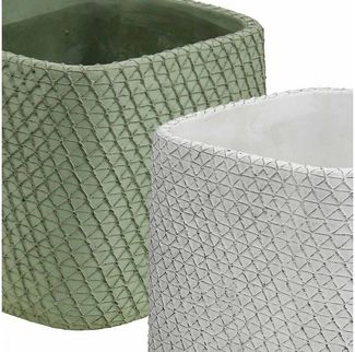 Viana Übertopf Keramik Blumentopf 2er Set Weiß Grün Relief 12,5x12,5x9cm, 2 Stück