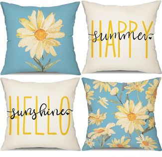 Sommer Kissenbezüge 45×45 cm 4er-Set Blaue Gänseblümchen, “Hello Sunshine”, Outdoor Couch Kissen