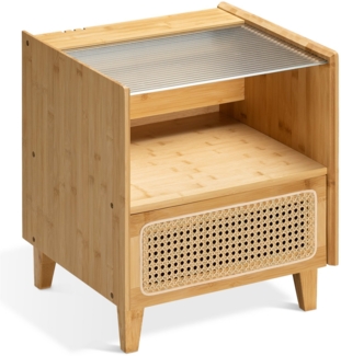 Navaris Regalwange Nachtschrank aus Bambus mit Rattan Look - Nachttisch mit Schublade