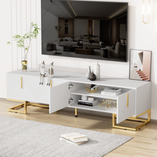 TV-Schrank 170x40x45,5 cm Weiß mit goldenen Griffen und Beinen,mit Stauraum 4 Türen