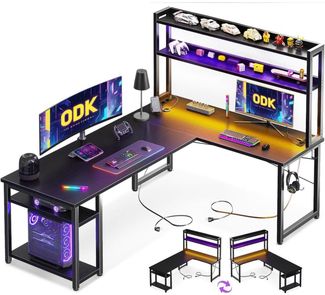 Gaming Tisch LED Reversibel Schwarz Schreibtisch L-Form 2 USB 2 Steckdosen