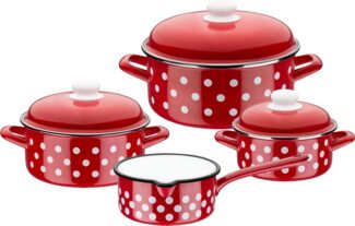 GSW Topf-Set, Stahl-Emaille (Set, 7-tlg, je 1 Kochtopf Ø 16/20/24 cm, 1x Stielkasserolle Ø 16 cm), Induktion