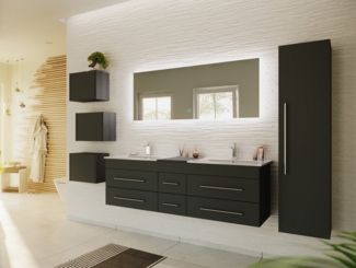 Magnolia Home Badmöbel-Set Badmöbelset Roma XL 4-teilig LED-Spiegel Hochschrank 3er Boxen grafit
