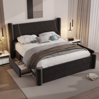 LVHOM Polsterbett 160x200cm Bettgestell, Doppelbett/Stauraumbett/Funktionsbett, Samt, dick gepolstertem Kopfteil, 2 praktischen Stauraumschubladen, integrierten USB-Anschlüssen