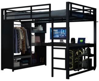 MODFU Hochbett Funktionsbett,Stauraumbett,Einzelbett,Kinderbett (Metall-Gaming-Hochbett mit LED, Schreibtisch, Kleiderschrank und Stauraum)