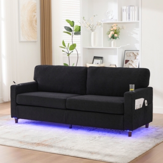 Flieks 2-Sitzer Sofa, 2-Personen Chenille-Sofa mit USB-C, LED-Ambiente, Getränkehaltern und Seitentaschen, schwarz