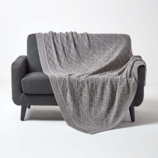 Plaid Strickdecke aus 100% Baumwolle, grau, 130x170 cm, Homescapes