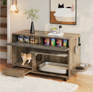 Flieks Mehrzweckschrank bewegbar Katzenkloschrank mit Futternäpfe und Sandauffangschale (100×45,5×67 cm, 1-St) Katzentoilettenschrank mit Rollen, Acryltür und Lochplatte Holzoptik