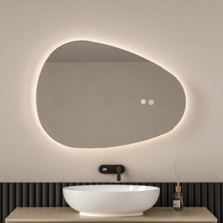 EMKE Spiegel mit Beleuchtung Asymmetrischer LED Badspiegel mit Beleuchtung 60 x 45 cm Touch-Schalter, 3 Lichtfarben Dimmbar, Beschlagfrei Badezimmerspiegel mit Beleuchtung IP44 Energiesparend