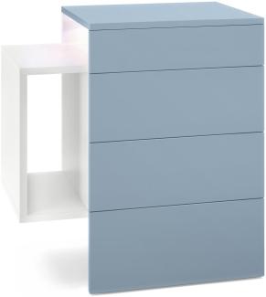 Vladon Nachttisch Queens, Nachttischschrank mit 2 Schubladen und 1 seitlichem Fach zur Wandmontage, Weiß matt/Denim matt, inkl. LED Unterbaustrahler weiß (60 x 63 x 36 cm)