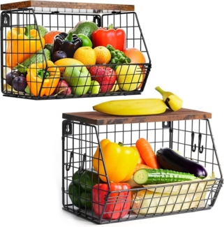 Refined Living Obstschale Obstkorb Hängend 2 Etagen, Wandkorb Schwarz mit Holzdeckel, 2er Set, Hochwertiger Kohlenstoffstahl + Holz, (Stapelbar Küchenorganizer, Obstschale Hängekorb, Schwarz Metall Wandkorb,Drahtkorb Küche, Gemüsekorb, Wandkorb Küche, ...