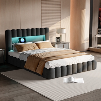 Polsterbett 160x200cm mit USB, Jugendbett Doppelbett mit Lattenrost und Stauraum, Stauraumbett mit LED, Leinen, Grau