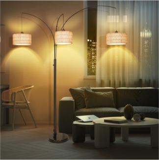 Jibenhome LED Stehlampe Vintage Rattan Bogenlampe Wohnzimmer mit Doppelter Lampenschirm, 3-flammige Marmorsockel Stehleuchte mit 3 LED-Glühbirne Schlafzimmer