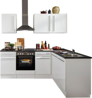 Jazz 8 Moderne Eckküche mit Elektrogeräten in Weiß Hochglanz, Metallic Grau - Geräumige Küchenzeile in L-Form mit viel Stauraum - 220 x 211 x 60 cm (B/H/T)