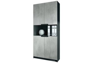 Vladon Büroschrank Logan V2, Aktenschrank mit 5 Fächern und 4 Türen, Schwarz matt/Beton Oxid-Optik (82 x 184 x 37 cm)