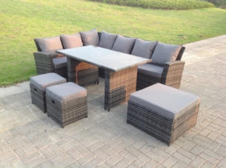 Fimous 9 Sitzer Hoher Rücken Rattan Gartenmöbel-Set Ecksofa mit Schwarz gehärtet Esstisch 3 Hockern