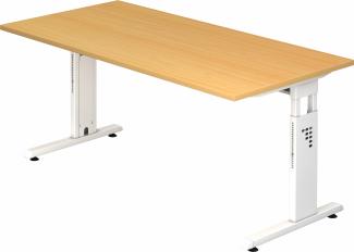 bümö höhenverstellbarer Schreibtisch O-Serie 160x80 cm in Buche, Gestell in weiß - PC Tisch für's Büro manuell höhenverstellbar, Computertisch verstellbar, OS-16-6-W