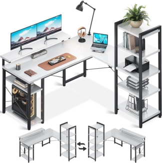 Eckschreibtisch L-Form mit Regal und Monitorständer Weiß 155×140cm