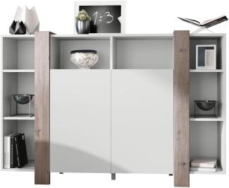 Vladon Highboard Ida, Anrichte mit 12 Fächern, Korpus in Weiß matt, Blenden in Eiche Nordic (149 x 101 x 34 cm)