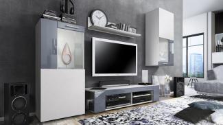 Vladon Wohnwand Movie, Anbauwand bestehend aus 1 TV-Board, 2 Vitrinen und 1 Regal, Weiß matt/Weiß matt/Grau Hochglanz (Gesamt: 300 x 190 x 39 cm)