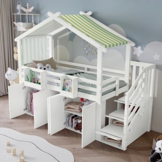 Merax Etagenbett, Kinderbett 90x200cm, mit Fallschutzgitter, 1 Kleiderschrank und 2 Schließfächer, mit 3 Schließfächer in der Treppe, gestreifter Stoff, Kiefer+MDF+Sperrholz, Weiß+Grün