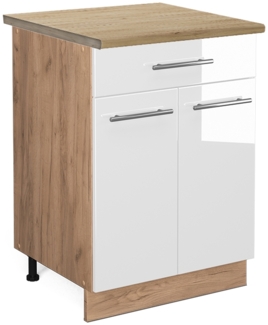Vicco Küchenunterschrank Weiß Hochglanz 60 cm mit Schublade, AP Eiche, Fame-Line