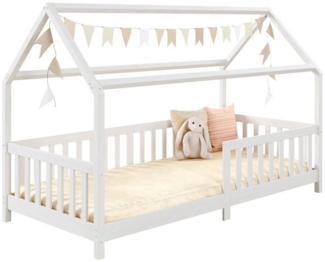 IDIMEX Hausbett NINA aus massiver Kiefer in weiß, schönes Montessori Bett in 90x200, süßes Indianerbett mit Dach