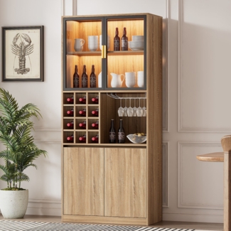 Merax 180cm Vitrinenschrank Badezimmerschrank, Spirituosenschrank, Vitrine mit Glastüren und Beleuchtung, Natur