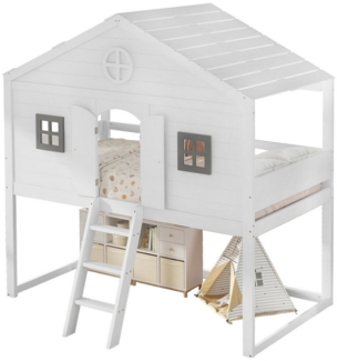 Odikalo Kinderbett Hausbett Unterbett Treppe Fallschutz Gitter Fenster Kiefer Weiß 90x200
