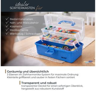 HMF Aufbewahrungsbox Nähkasten aufklappbar mit 3 Ebenen, Sortierbox mit 8 Fächern für, Kleinteile, 33 x 20 x 15 cm, Blau
