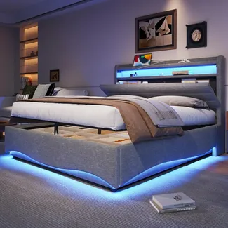 Polsterbett mit LED-Beleuchtung, USB/Type-C Anschlüssen, Stauraum, gepolstertem Kopfteil, 140x200cm, Doppelbett, Stauraumbett, Leinen