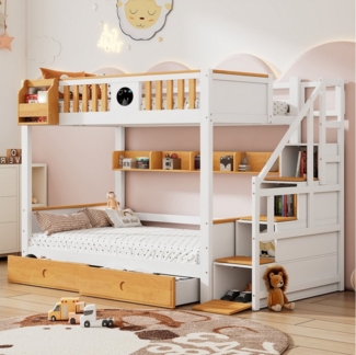 REDOM Etagenbett Holzbett Stauraumbett Kinderbett mit Fallschutzgitter und 2 Schubladen (Rahmen aus Kiefernholz und MDF, mit 4 Schließfächer in der Treppe, mit Fallschutzgitter und 2 Schubladen, Offenes Regal, 90x200cm), ohne Matratze, 90x200cm