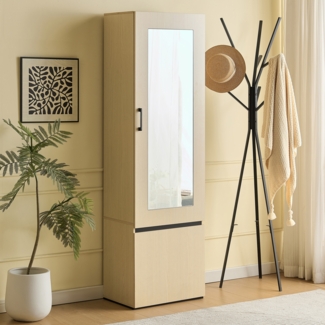 Merax Garderobenschrank mit Spiegel und ausziehbarer Kleiderstange – Moderner Flurschrank, Eingangs- und Kleiderschrank, Holzfarbe