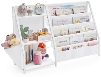 SONGMICS Bücherregal Kinder, mit Seitentasche, Stahl/Textil/Holz Weiß, 30 x 108,5 x 75 cm