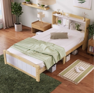 BlingBin Einzelbett Jugendbett Holzbett (1-tlg, Holzbett mit Stauraum-Kopfteil, 90x200 cm), Kinderbett Jugendbett Kiefer massiv Natürlich und Weiß