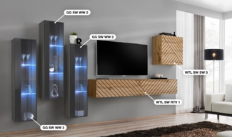 Wohnwand Switch Lamel, Korpus: Graphit, Wotan / Front: Graphit hochglanz PVC, Wotan PVC (gerillt)