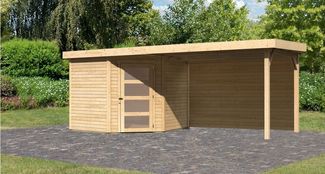 Karibu Woodfeeling Gartenhaus Schwandorf mit Anbaudach Gartenhaus aus Holz Holzhaus mit 19 mm Wandstärke inklusive Schleppdach Blockbohlenhaus mit Montagematerial