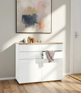 Kommode 'MUNDI', Hochglanz Weiß-Eiche Riviera, Weiß/Eiche, 120 cm