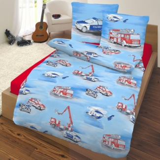 MTOnlinehandel Kinderbettwäsche Blaulicht-Helden • Polizei & Feuerwehr 135x200 + 80x80 cm, Renforcé, 100% Baumwolle, 2 teilig, Polizeiautos • Feuerwehr • Hubschrauber