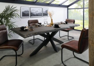Massivmoebel24 Baumkantentisch FREEFORM (180x90x77 Mango, Esstisch Esszimmertisch Küchentisch aus Echtholz massiv), Echte Baumkante, Natürliche Risse und Unebenheiten