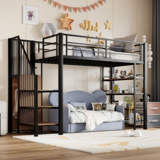 Merax Hochbett 90*200cm, Einzelbett, Jugendbett, Etagenbett mit Sicherheitstreppe, Stauraum und kleinem Kleiderschrank, Einlegeböden, hohes Zaundesign, schwarz