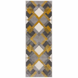 Kadima Design Geometrischer Designer-Teppich, "Nidd Alma". Farbe: Gelb-Grau, 80x230 cm