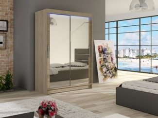 Kleiderschrank Miami VII, mit RGB LED Beleuchtung, Farbe: Sonoma Eiche / Spiegel